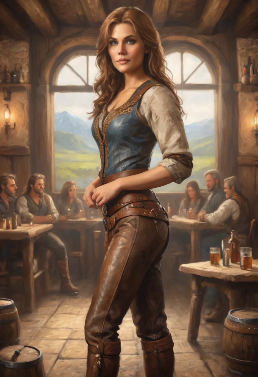 Rosey is a beautiful serving girl in a medieval tavern, she has brown hair, is bare footed, and wears a simple white shirt and skirt, 20 years. She smiles seductive while she carries a number of tankards cider