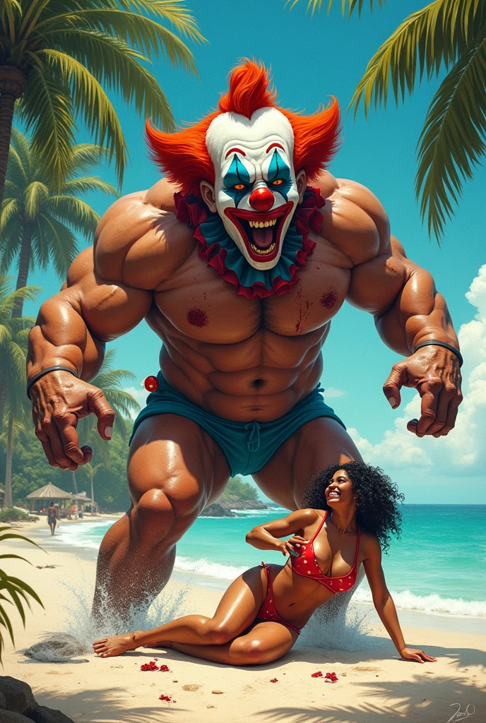 Hyper-realistic image of a smiling rainbow-haired bodybuilder clown superhero hugging a very old and very sweaty friend, over 80 years old, very muscular and fat, over 200 kilos with a bare torso, large and flaccid pectorals, brown nipples and big rainbow mustaches with huge tattooed arms surrounded by many balloons dressed in colorful clown pants with argyles and a huge rainbow afro wig on his head. 