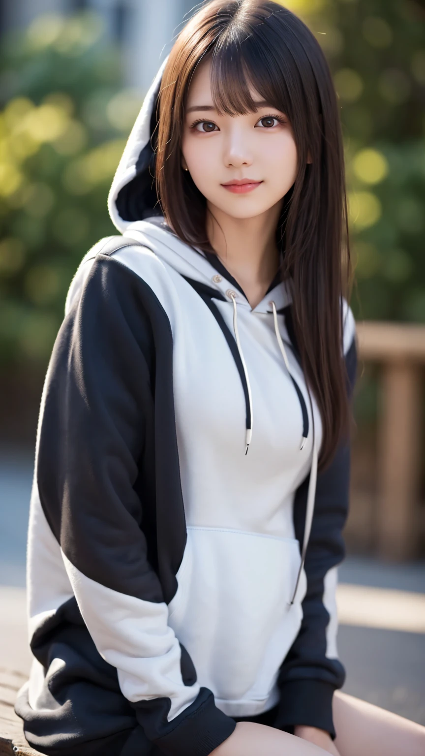 ( upper body : 1.3), ( hoodies  : 1.7), (Lean on one's elbow : 1.8), Seated, Feminine dark hair , ( Delicate and realistic hair, 1 1 Realistic Hair), bangs, natural colored lips, smile, ((white indoor)), ( 18 year old female : 1. 2), young and adorable Japanese face, Official Art, high definition CG Unity 8k wallpaper, (masterpiece: 1.0) , ( best quality: 1. 0), ( best quality: 1. 0), Ultra high definition ,4K, Very detailed, half photos with Brazil,8k, NFSDW  , high definition , Kodak Portrait 400, film grain , lens flare glow, best quality,8k, NFSDW  :1. 2), as a portrait shot,8k, Show viewer , ((masterpiece)), (( best quality)), ( super detailed), ((cute)), (Nice), (( sexy)), (( Very detailedな)), (detailed clothing features), 4K, (8k), (beautiful), Illustration, beautiful Japanese woman, ((1 female)), beautiful black hair, ( long hair:1.2), ((beautiful eyes)), lens flare , (((Front View))), ((facing))、(Bold Cleavage : 1.1)