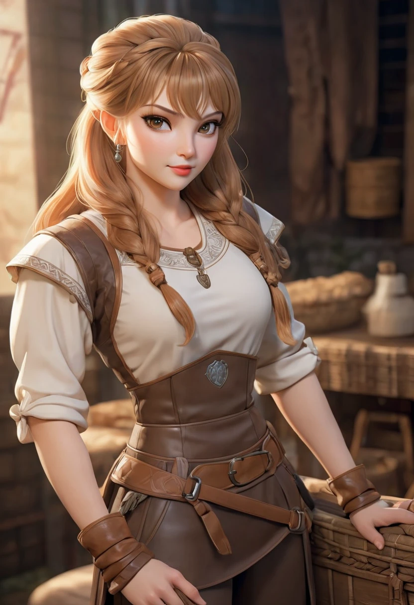 An illustrated poster of the film, beautiful woman, light brown hair, Vikings series style, looking at the viewer, little smiling, artwork, soft lighting, high quality, full body, detailed leather pants, left hand on waist, detailed hands, five fingers, realistic hands, embellished leather pants, shapely thighs, meticulously detailed, Detailed skin, photorealistic, photograph, waist length hair, Average sized bust, athletic body, detailed clothes, beautiful and detailed face, face focused, sharp focus, detailed textures, Natural and realistic skin texture, volumetric lighting, high definition, eyes focused, Realistic eyes, arms crossed, alone in a tavern
