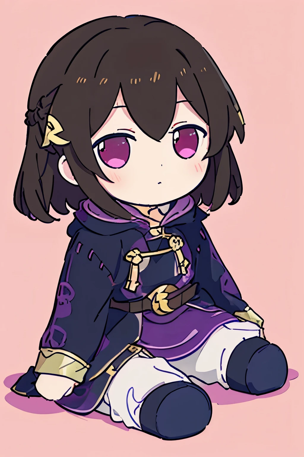 (high-quality, breathtaking),(expressive eyes, perfect face) 1girl, female, solo, Symmetrical Eyes, Robin (Fire Emblem: Awakening), dark Brown hair color, short hair length, messy wavy hair, hair ornament, pink eyes, Black and purple robe, gold trim, hood, white shirt, brown belt, Arms down, pants, boots, grey background, female robin (fire emblem), dark brown hair, braided bang, ribbon in hair, fumo \(doll\), jitome, looking at viewer, fumo, sitting, doll
