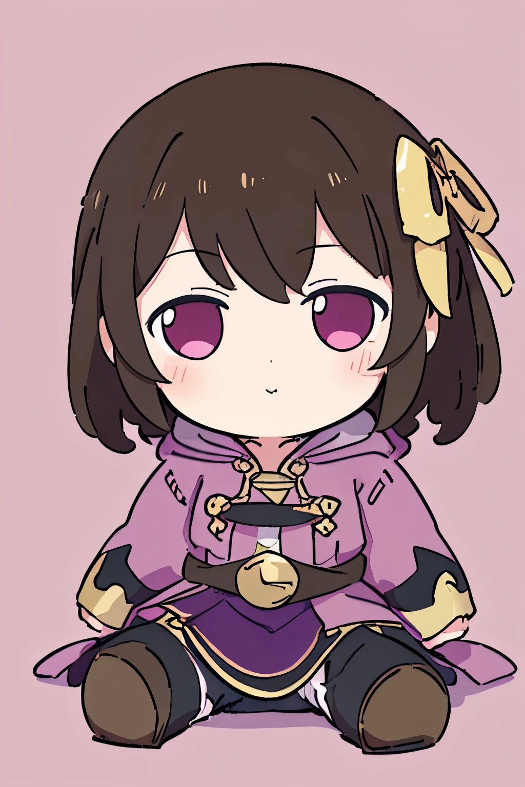 (high-quality, breathtaking),(expressive eyes, perfect face) 1girl, female, solo, Symmetrical Eyes, Robin (Fire Emblem: Awakening), dark Brown hair color, short hair length, messy wavy hair, hair ornament, pink eyes, Black and purple robe, gold trim, hood, white shirt, brown belt, Arms down, pants, boots, grey background, female robin (fire emblem), dark brown hair, braided bang, ribbon in hair, fumo \(doll\), jitome, looking at viewer, fumo, sitting, doll
