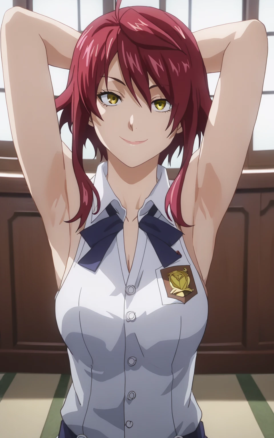 score_9, score_8_up, score_7_up, source_anime, anime screencap, 1girl, solo, kobayashi rindou, mature, short hair, red hair, indonesian highschool outfit, sleeveless shirt, collared shirt, buttons, sleeveless, bare shoulders, bare arms, arms behind head, armpits, large chest, from above, looking at viewer, head towards viewer, smile, closed mouth, badhandv4, indoors, juicy armpits