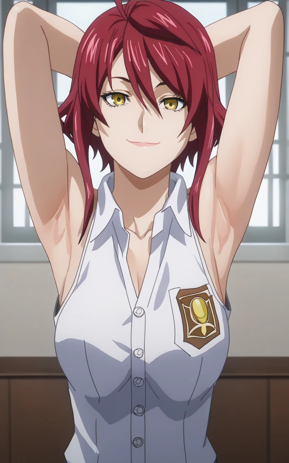 score_9, score_8_up, score_7_up, source_anime, anime screencap, 1girl, solo, kobayashi rindou, mature, short hair, red hair, indonesian highschool outfit, sleeveless shirt, collared shirt, buttons, sleeveless, bare shoulders, bare arms, arms behind head, armpits, large chest, from above, looking at viewer, head towards viewer, smile, closed mouth, badhandv4, indoors, juicy armpits