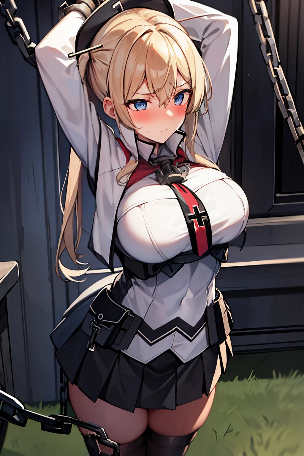 best quality, masterpiece, highres, solo, {graf_zeppelin_kantaicollection:1.15}, blonde_hair, twintails, long_hair, sidelocks, hair_between_eyes, breasts, blue_eyes, (((large_breasts))), hat, ((blush)), ((worried)), ((looking away)), peaked_cap, necktie, military, black skirt, short skirt, black tights, cross, blush, 1girl, looking_at_viewer, military_uniform, uniform, iron_cross, black_gloves, gloves, upper_body, ((((chained_superior)))), ((Arms suspended by chains)), arms over head, large breast, indoor, bed room, cabinet, hanged, standing, shy, scowl, teeth, sweat,