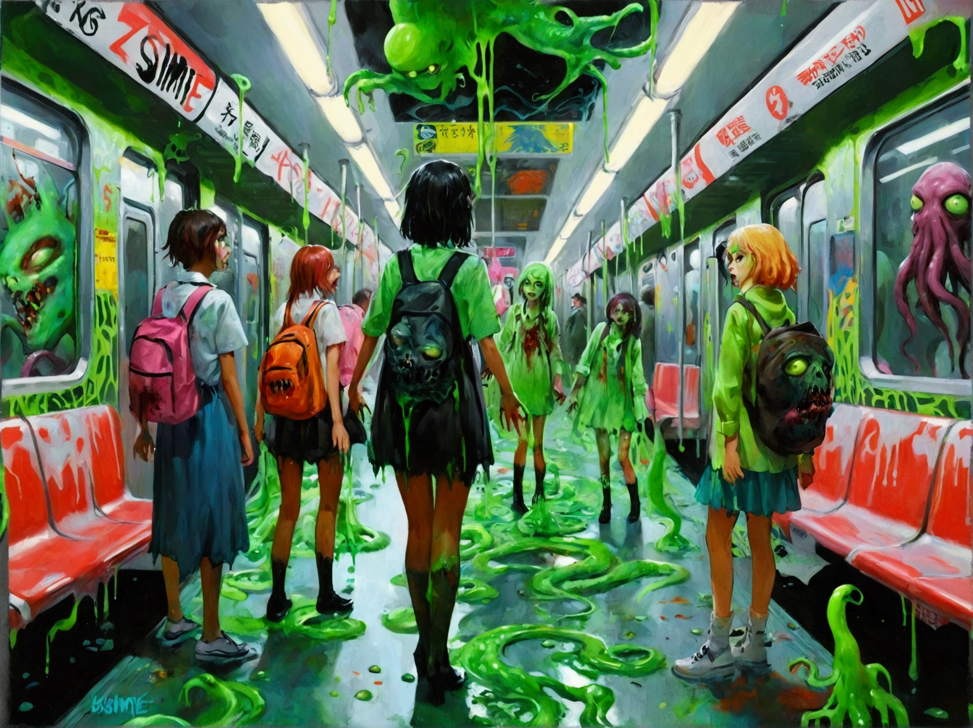   close-up of Zombie girls standing on the green floor of a New York subway platform, Green Slime, Green Slime everywhere, Neon Radioactive Swamp  , Green Slime dripping, Alien Room  , Cosmic horror style, Ectoplasm,  Indie Video Game Horror , alternate  Album cover , Oozing,  Album cover ,   just a joke  , Slime and tentacles,  Reptile's Slime 、Bustling zombies 、 Train Full of Graffiti、たくさんのzombie girlがこちらに向かって走る、駅のホーム