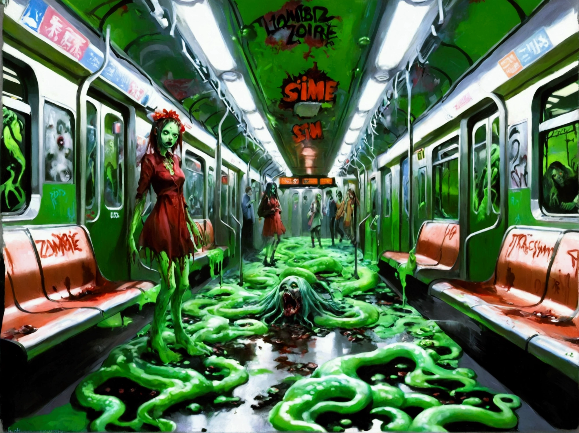   close-up of Zombie girls standing on the green floor of a New York subway platform, Green Slime, Green Slime everywhere, Neon Radioactive Swamp  , Green Slime dripping, Alien Room  , Cosmic horror style, Ectoplasm,  Indie Video Game Horror , alternate  Album cover , Oozing,  Album cover ,   just a joke  , Slime and tentacles,  Reptile's Slime 、Bustling zombies 、 Train Full of Graffiti、たくさんのzombie girlがこちらに向かって走る、駅のホーム