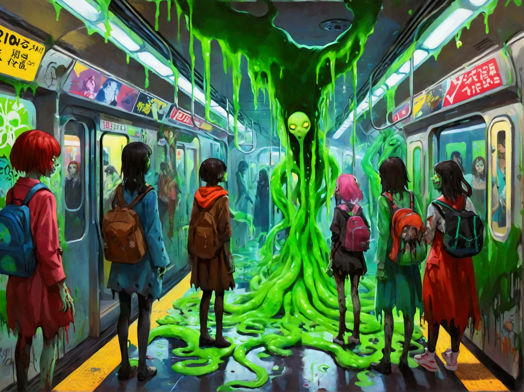   close-up of Zombie girls standing on the green floor of a New York subway platform, Green Slime, Green Slime everywhere, Neon Radioactive Swamp  , Green Slime dripping, Alien Room  , Cosmic horror style, Ectoplasm,  Indie Video Game Horror , alternate  Album cover , Oozing,  Album cover ,   just a joke  , Slime and tentacles,  Reptile's Slime 、Bustling zombies 、 Train Full of Graffiti、たくさんのzombie girlがこちらに向かって走る、駅のホーム