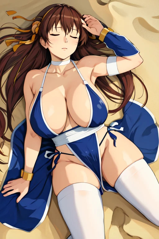 masterpiece, best quality, beautiful art, high resolution, well formed hands, body and fingers, 1 woman, solo, Haruhi Suzumiya, 31 years old, adult, grown up, large and big breasted, cleavage,  full body, braided long hair, blue_japanese_clothes, wearing DOA Kasumi's blue kunoichi dress, sexy and skimpy japanese clothes, sleeveless, panties peek, white stockings, gorgeous legs and thighs,ryona,in peril, she is defeated, knocked out, passed out, closed eyes, fainting, exhausted, unconscious, laying on her side, displaying a view of her sexy and bare legs and thighs, knocked down on the sand, extended exposed body, close up on her big and large breasts, and legs and thighs, full body on the sand, breathing heavily, exuding sensuality and allure,bouncing breasts, sexy defeated and KO pose, defeat and KO scene, fallen beauty, sexy damsel in distress, martial arts tournament with beach environment ryona,in peril, she is defeated, knocked out, passed out, closed eyes, fainting, exhausted, unconscious,laying on her side, displaying a view of her sexy and bare legs and thighs, knocked down on the sand, extended exposed body, close up on her big and large breasts, and legs and thighs, full body on the sand, breathing heavily, exuding sensuality and allure,bouncing breasts, sexy defeated and KO pose, defeat and KO scene, fallen beauty, sexy damsel in distress, martial arts tournament with beach environment 