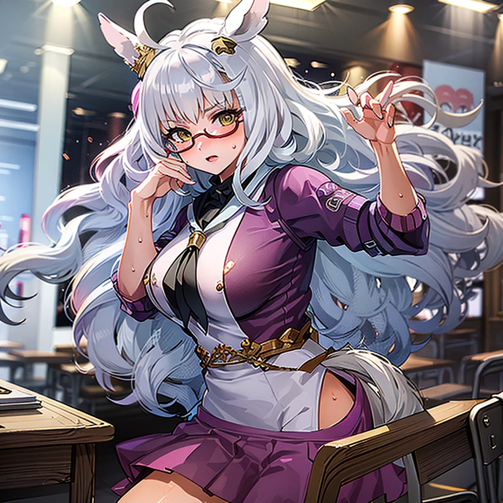 this is a female character with big tits and a schoolgirl costume, 1girl, breasts, solo, nipples, horse ears, lactation, skirt, animal ears, glasses, horse girl, horse tail, blush, tracen school uniform, tail, short sleeves, long hair, school uniform, red-framed eyewear, white hair, white skirt, indoors, shirt, puffy sleeves, pleated skirt, desk, sailor collar, purple shirt, puffy short sleeves, sweat, bangs