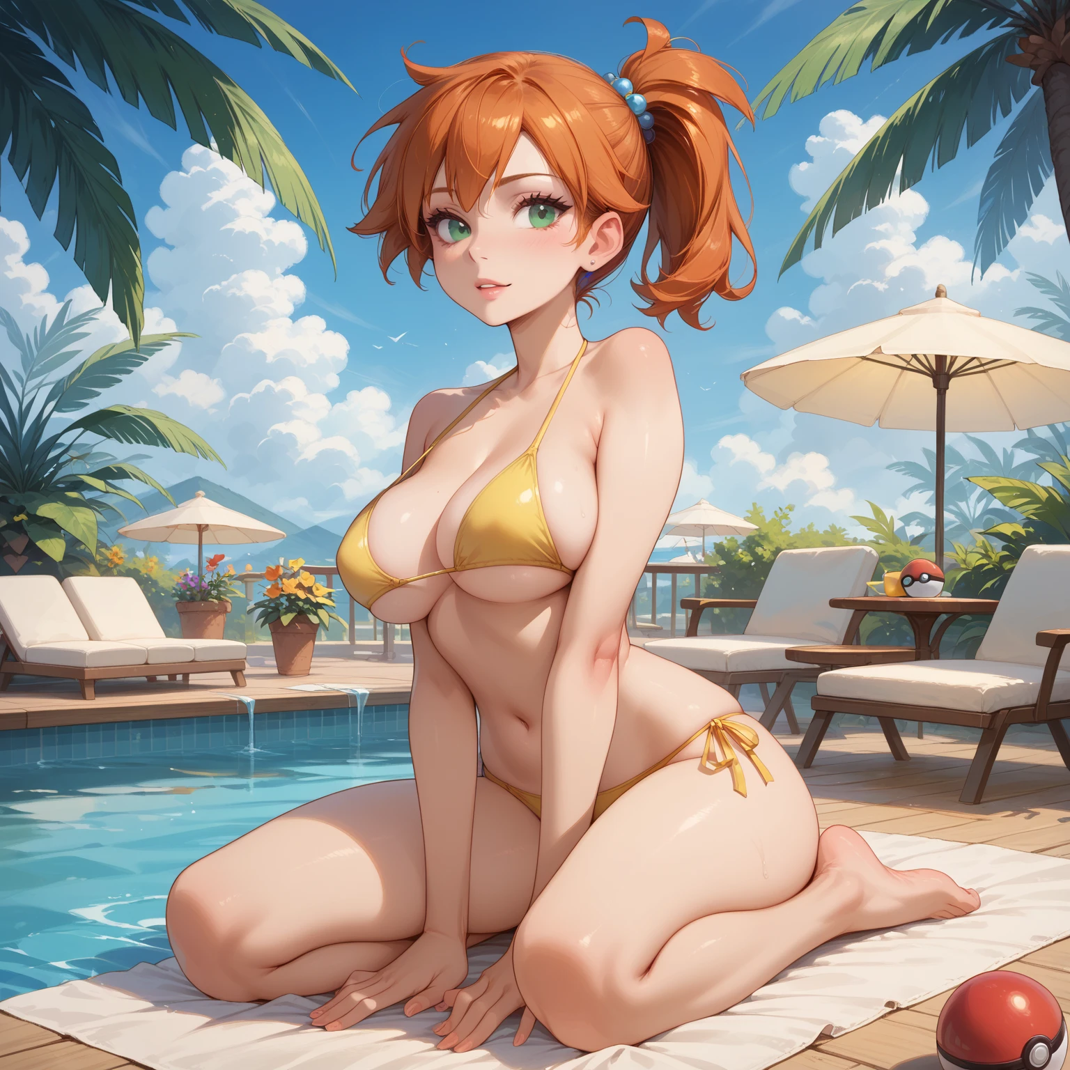 score_9, score_8_up, score_7_up, 1girl, (full body:1.2), (solo), 

misty_(pokemon), pokemon, 1girl, orange_hair, green_eyes, big breasts

yellow_bikini, flower_patterns

inside a pool at a resort, holding a pokeball, sexy pose, flirty, sexy dominant pose, looking away

simple background