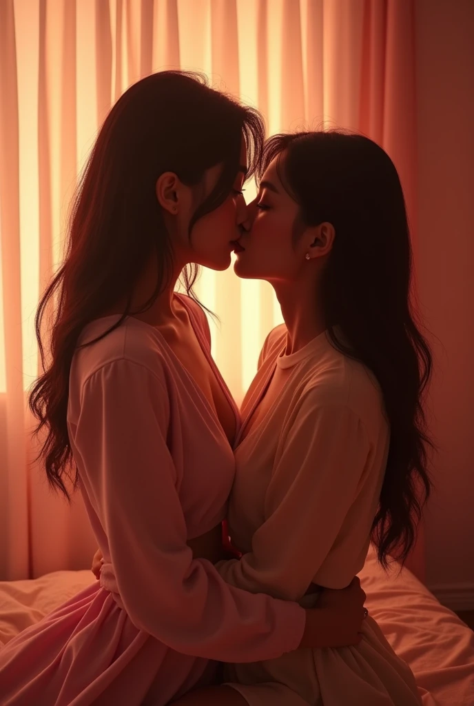 (high resolution, ultra-detailed, photorealistic), ((half body:1.4)) photo of sjang and her identical twin, standing, hugging, ((kissing:1.4)), realistic faces, (bedroom:1.2), romantic, soft lighting, vibrant colors