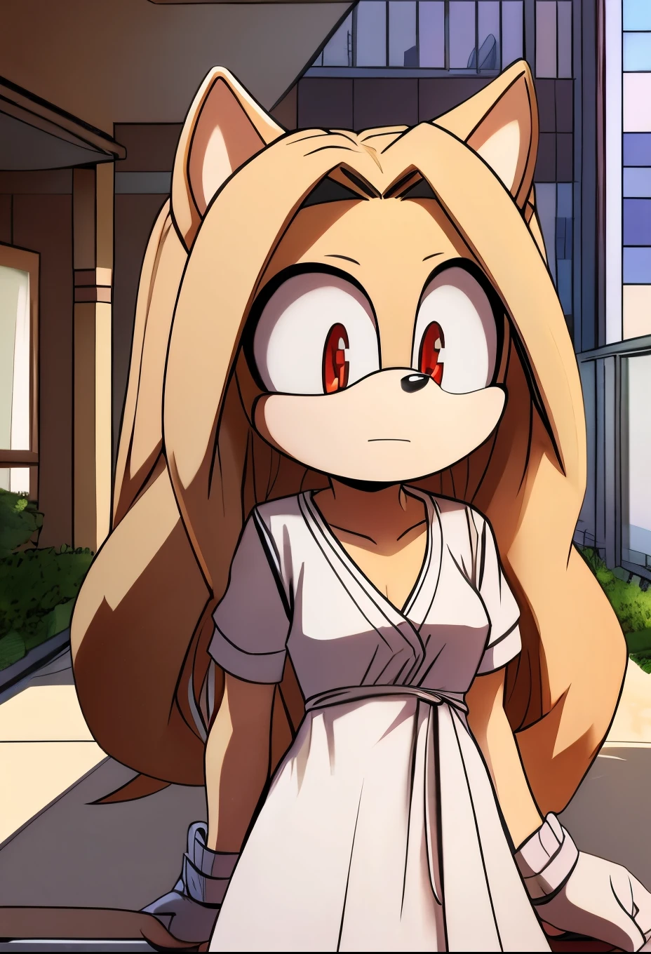 female, Female hedgehog, (Mobian Hedgehog) ((Eri as a Mobian Hedgehog)), (bluish off-white fur), open eyes, hedgehog ears, (1girl), (solo), long hair, messy and unkempt hair, (side locks/quills over shoulders), red eyes, (Eri from the anime My Hero Academia), Eri as a Mobian, Eri as a Hedgehog, light skin colored muzzle and inner ears, short sleeves, hospital gown, bandaged arms, eyelashes, innocent eyes, daytime, mobian, mobius city, grey fur, horns, , small single horn, female 