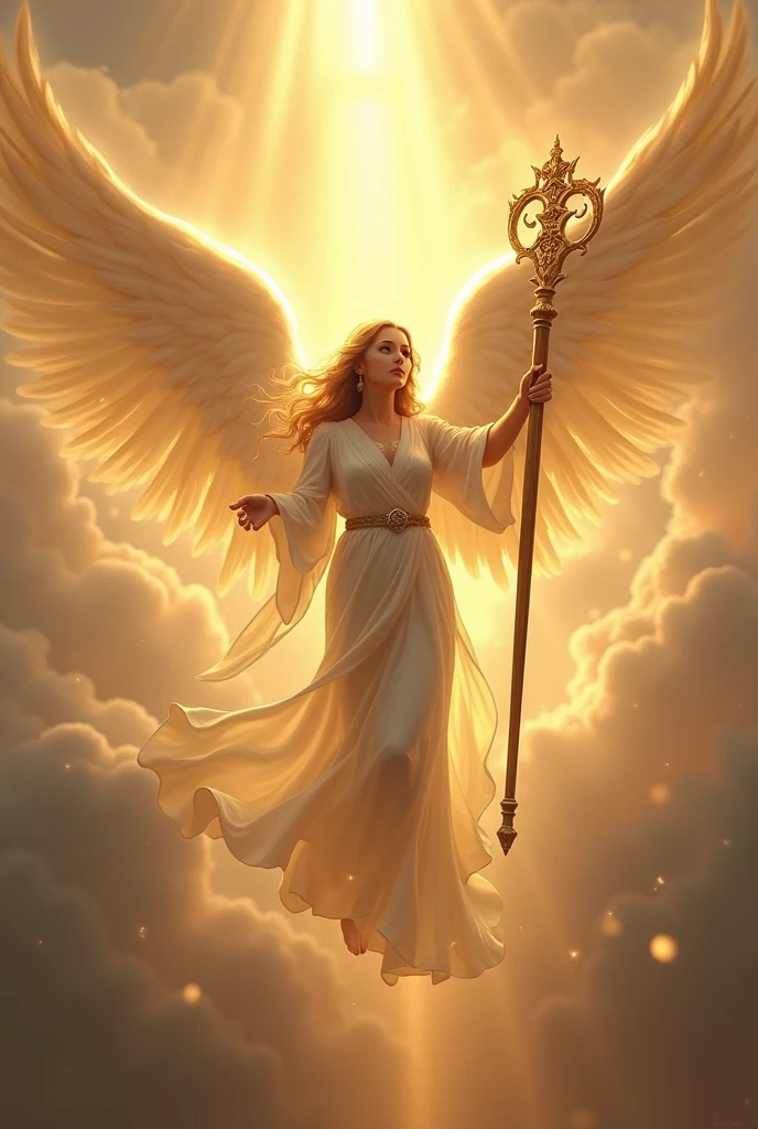 The angel came down from heaven with a golden light shining, and she was holding down a magnificent wooden stick.