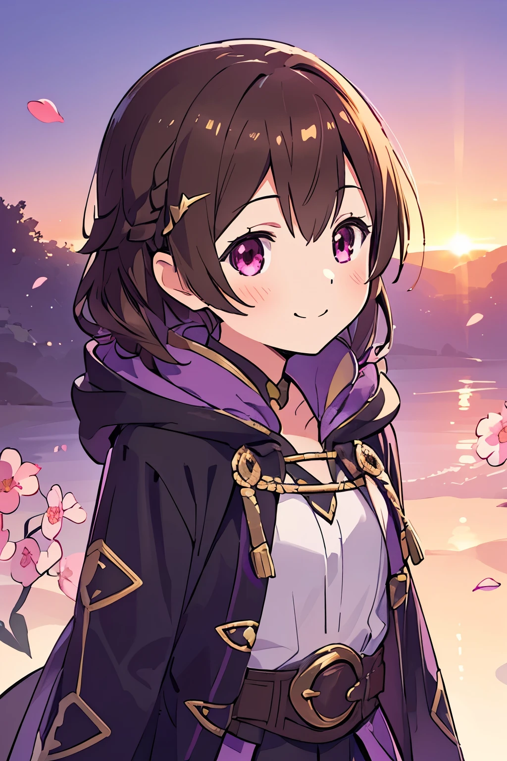 (high-quality, breathtaking),(expressive eyes, perfect face) 1girl, female, solo, portrait, Fire Emblem Awakening, Symmetrical Eyes, open field background, Robin (Fire Emblem: Awakening), dark Brown hair color, short hair length, messy wavy hair, hair ornament, upper body, pink eyes, Black and purple robe, gold trim, hood, white shirt, brown belt, tomb, positive expression, cute smile, detailed eyes, adorable face, short height, Cult of Grima, Fell Dragon Grima, Arms down, female robin (fire emblem), dark brown hair, flower petals, braided bang, ribbon in hair, soft breeze, sunrise skies
