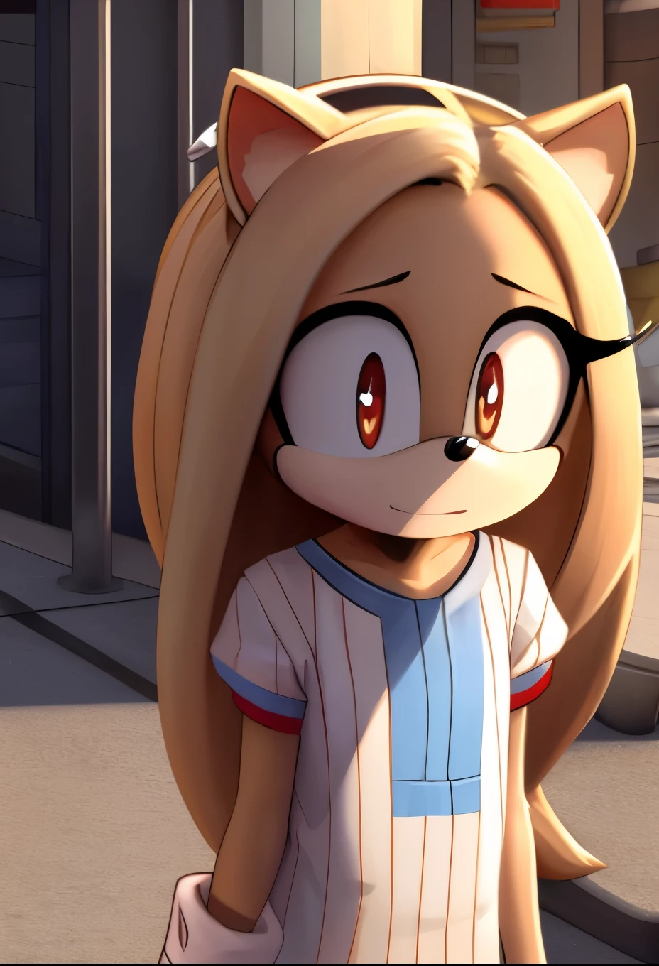 female, Female hedgehog, (Mobian Hedgehog) ((Eri as a Mobian Hedgehog)), (bluish off-white fur), open eyes, hedgehog ears, (1girl), (solo), long hair, messy and unkempt hair, (side locks/quills over shoulders), red eyes, (Eri from the anime My Hero Academia), Eri as a Mobian, Eri as a Hedgehog, light skin colored muzzle and inner ears, short sleeves, hospital gown, bandaged arms, eyelashes, innocent eyes, daytime, mobian, mobius city, grey fur, horns, , small single horn, female 