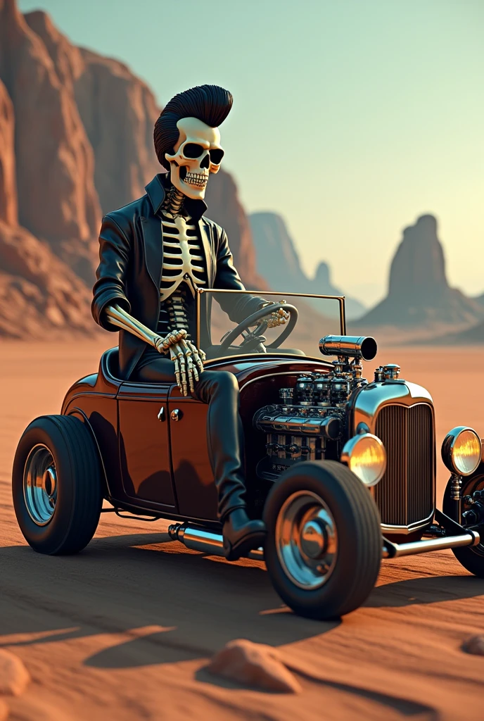 A guitarist playing his guitar made of human bones, next to a post-apocalyptic car, Mad Max movie style, reddish sky, lots of desert, dilapidated buildings, instagram reels format