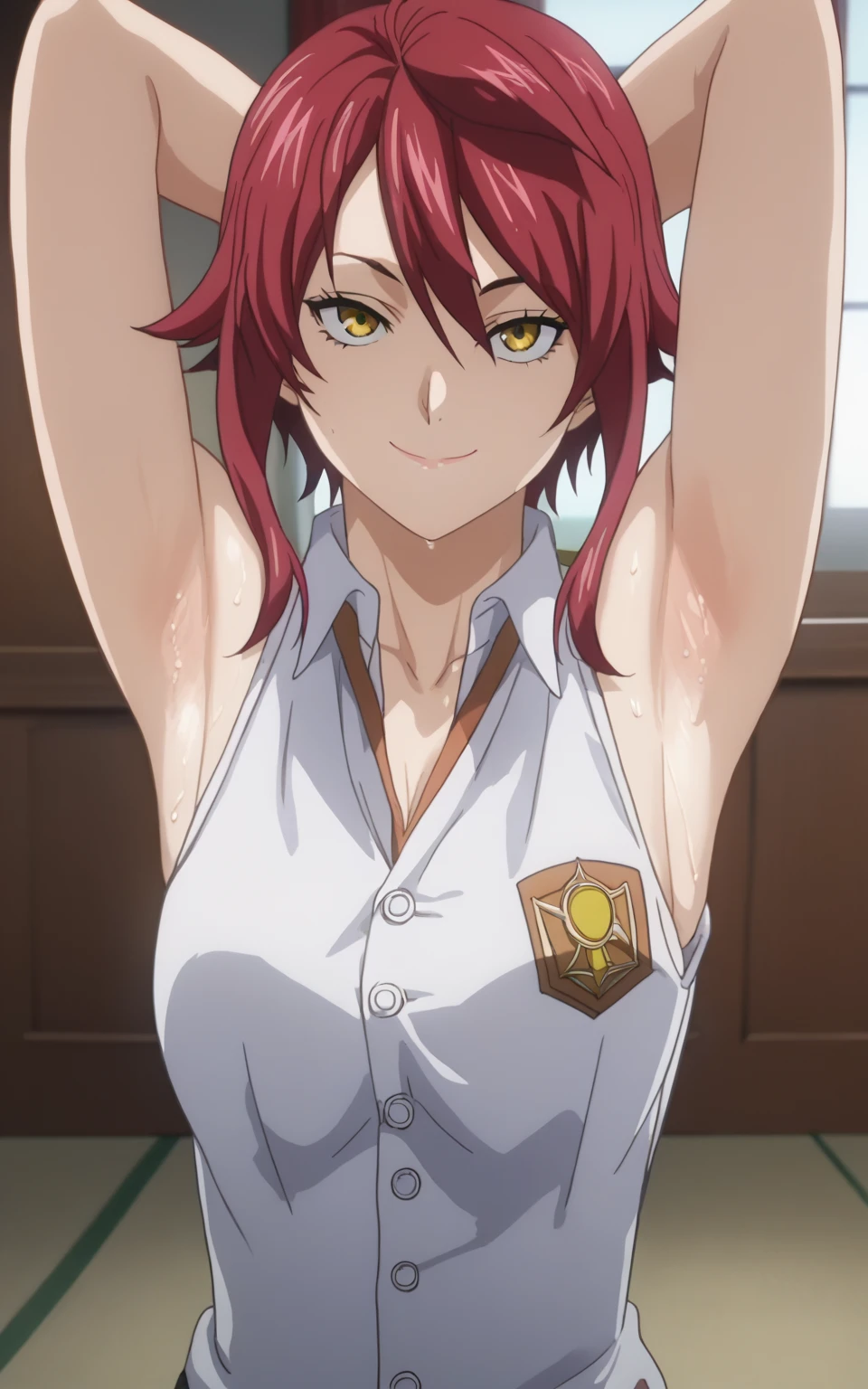 score_9, score_8_up, score_7_up, source_anime, anime screencap, 1girl, solo, kobayashi rindou, mature, short hair, red hair, indonesian highschool outfit, sleeveless shirt, collared shirt, buttons, sleeveless, bare shoulders, bare arms, arms behind head, armpits, large chest, from above, looking at viewer, head towards viewer, smile, closed mouth, badhandv4, indoors, sweaty armpits