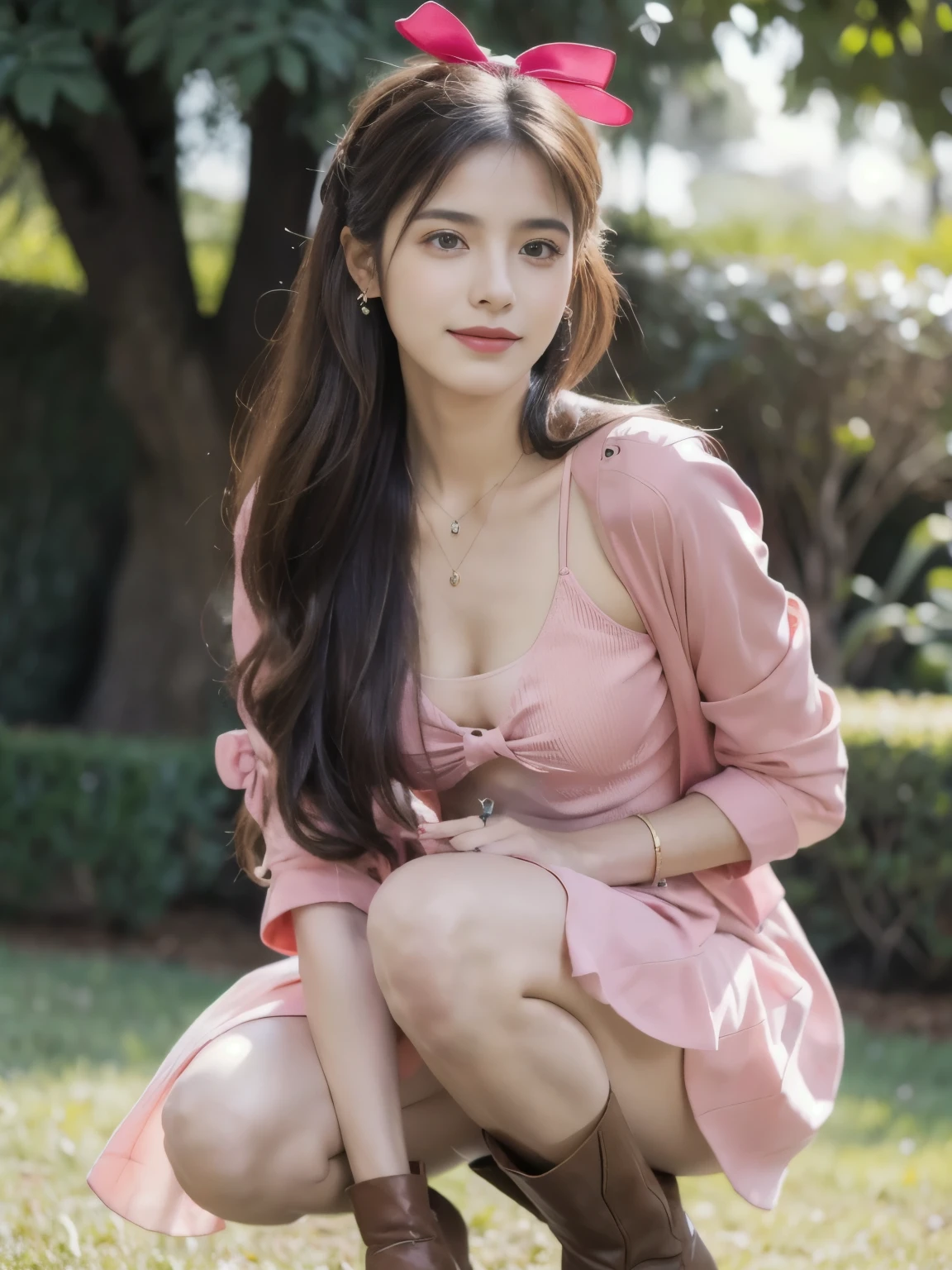 ((Masterpiece, Best quality, 16k, 18 years old, Raw photo, Smile, Pure, German)), Eye contact, Ombre, Full body, Bring your chest together :1.5, sharp focus: 1.2, high heels, choker, ((ombre)), colorful, open waist, slender, perfect body, perfect legs, bright colors, highly detailed background, laces, colorful hair, complementary colors, Smile, Cleavage, Full body, ((Open waist)), Offshoulder, Smile, High heels, Sexy legs, Tall legs, Perfect legs, Piercing, Tattoo, Necklace, Pure, Choker, Perfect body, Instagram model, Highly detailed facial and skin textures, Detailed eyes, Double eyelid, (Photorealistic: 1.4, Clear: 1.2, Beauty: 1.4, Slim abdomen: 1.2, Big breasts: 1.2, Fit: 1.5, Full-body shot: 1.4, Random hairstyles: 1.2), high heels, full body, pink theme, ((colorful dress, colorful theme, clothing, colorful theme, Very bright colors, Light particles)), A beautiful girl chooses an elegant offshoulder velvet dress, silky hair, realistic image, Dynamic composition, motion, ultra - detailed, incredibly detailed, a lot of details, amazing fine details and brush strokes, smooth, Squatting, Wide view, Side view