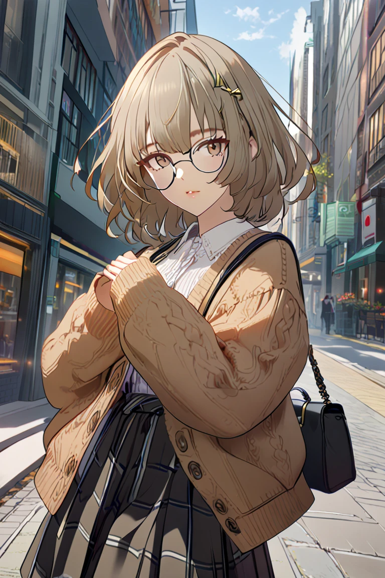 1girl, solo, head_out_of_frame, skirt, bag, cardigan, sleeves_past_wrists