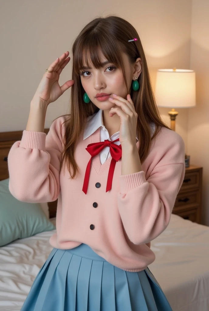 (Highest quality、8k、32K、masterpiece、Hmph:1.2)、Pink Wall、sexy、Age 25、Cute Japan woman photo、Short Twin Tails、sexy、thin、slender、(Bobcut)、(Small breasts)、double eyelid、White shirt、Navy blue tie、Red mini skirt、Thighs、Pink wall、whole body、smile、sexy、Thighsが見える