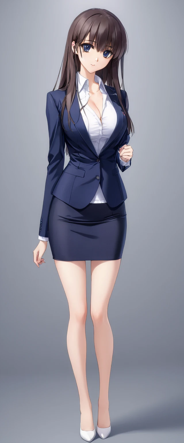 Megumi Kato,  1 girl, Alone, bangs,  brown hair, (((Female lawyer, ( formal suit micro mini skirt,  マイクロミニ pencil skirt),  white shirt,   Navy Blue Jacket,Big Breasts、 cleavage、Thin legs、visible white panties under skirt 、The white panties are visible from the hem of the skirt))), perfect body for a lawn,  Anime Virtual YouTuber Full Body Model , Full body of a single character,  standing in a splendid posture , short! pencil skirt,  full body shot超詳細、 skinny, Alone, 1 female,   Masterpiece ,   best quality ,   best quality , 16k,  unbelievably ridiculous,  high definition, 2.5D, AI-generated, Delicate and dynamic,  Very delicate facial expression, Delicate eye depiction,  Erotic , only  sexy woman, ((A cute and kind face、Looking down、 beautiful eyes、)), Healthy body shape, ((25-year-old woman)), Height: 170cm,  Moderately Firm Swaying Bust , sexy, (( Thin Thighs )),,  shiny,  Facing Viewers , smile, ((Oily_skin)), (((( full body shot、)))), (( Erotic  pose)),  fashion model posing with faded gray hair,   fashion model style DJ, 