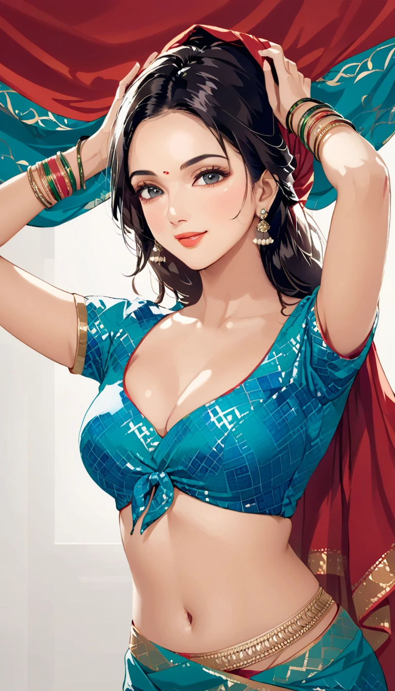 ((1woman, mature,single hair braid,saree, big long jhumka earrings , detailed alluring eyes, smooth detailed lips, beautiful face, smiling ,red lipstick ,navel,bangles,blue ribbon, saggy breasts, cleavage