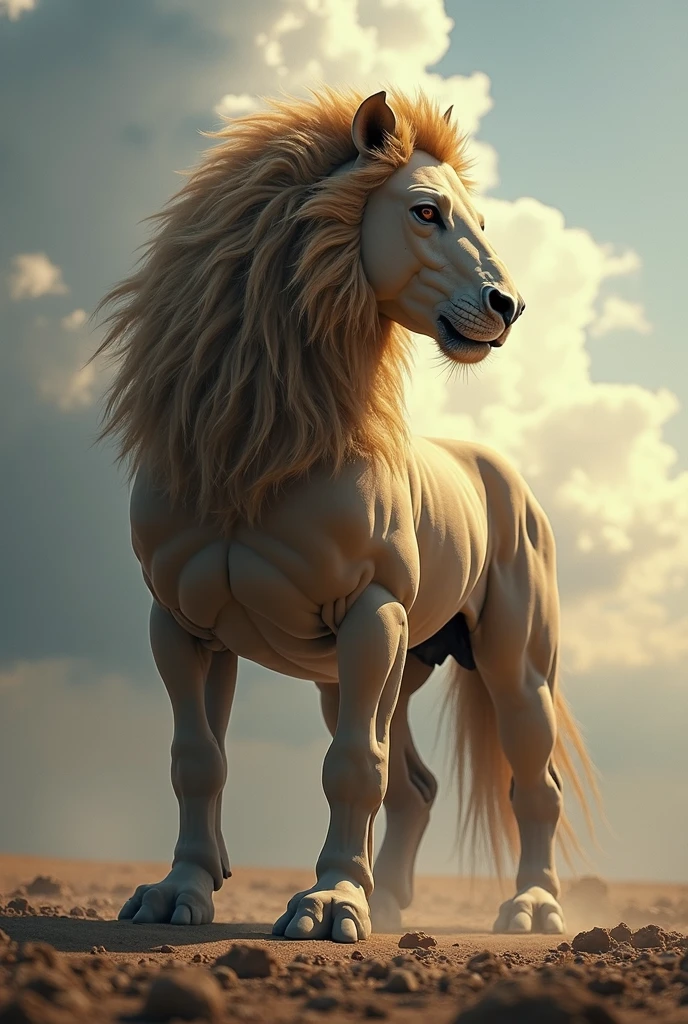 Large animal, with a mane, with branched horns, with powerful paws, thin tail with a fluffy tip, vaguely reminiscent of a horse, beautiful and noble
