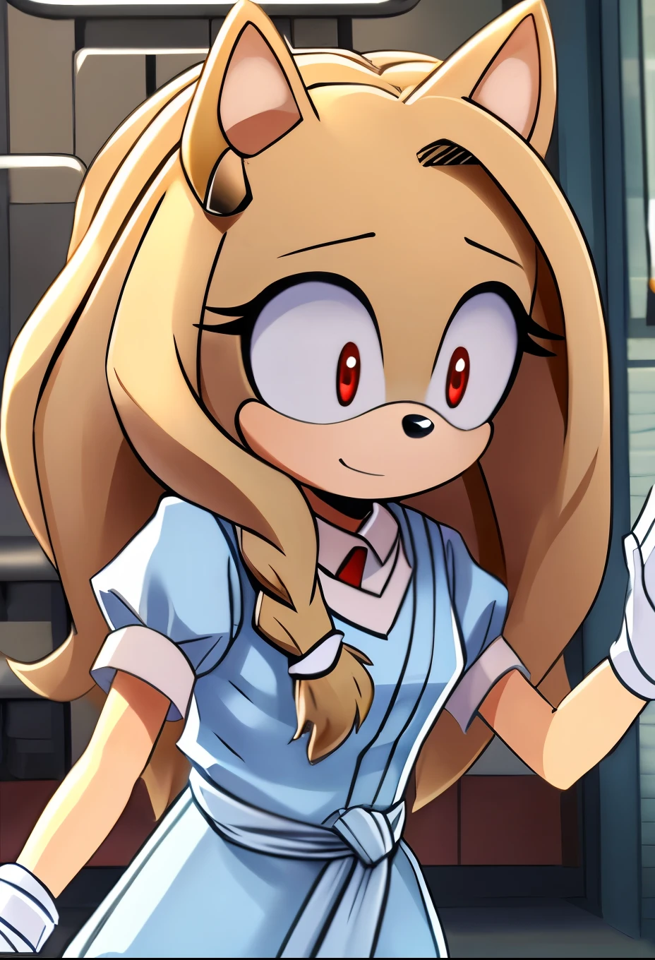 female, Female hedgehog, (Mobian Hedgehog) ((Eri as a Mobian Hedgehog)), (bluish off-white fur), open eyes, hedgehog ears, (1girl), (solo), long hair, messy and unkempt hair, (side locks/quills over shoulders), red eyes, (Eri from the anime My Hero Academia), Eri as a Mobian, Eri as a Hedgehog, light skin colored muzzle and inner ears, short sleeves, hospital gown, bandaged arms, eyelashes, innocent eyes, daytime, mobian, mobius city, (grey fur), horns, small single horn, female
