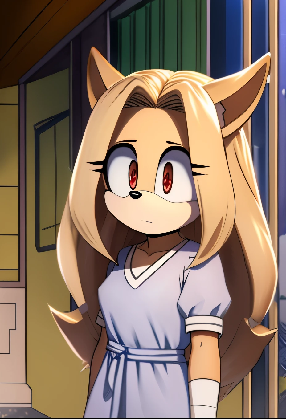 female, Female hedgehog, (Mobian Hedgehog) ((Eri as a Mobian Hedgehog)), (bluish off-white fur), open eyes, hedgehog ears, (1girl), (solo), long hair, messy and unkempt hair, (side locks/quills over shoulders), red eyes, (Eri from the anime My Hero Academia), Eri as a Mobian, Eri as a Hedgehog, light skin colored muzzle and inner ears, short sleeves, hospital gown, bandaged arms, eyelashes, innocent eyes, daytime, mobian, mobius city, (grey fur), horns, small single horn, female
