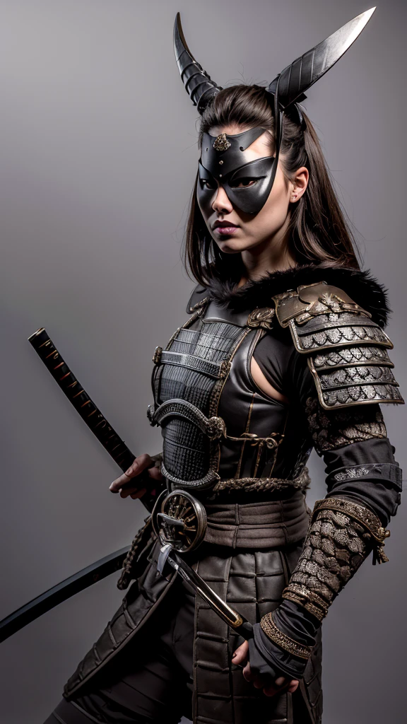 A woman with an extremely beautiful face. Her beautiful, muscular and toned body.  .  moved with elegant grace as she prowled. . . Absurdly Beautiful Woman. Intricate Body Armor with white dragon Scales. Leather Stockings. Fishnet Bodysuit. Intricate detailed Body Pores. Bushido culture. Ninja Face Mask. Samurai Body Armor. Hold Katana Sword. White Samurai Helmet. Samurai Battle Facemask. Demon horns. Desde abajo, 