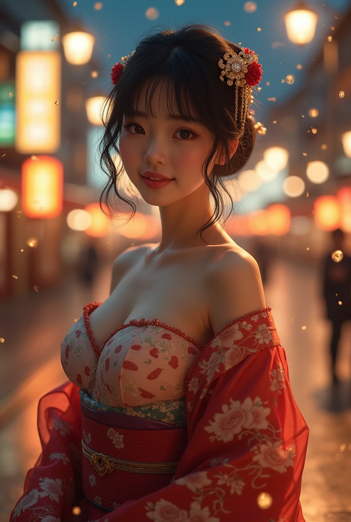 Long shots,(Solo exhibition:0.5),Maihakunai,Thin to transparent,Wet pubic hair,'s,((Off-the-shoulder kimono))),lacy fabric,,(((Soak the body:0.9))),jewely,Have on the street,Brownish red hair,tmasterpiece,Best quality at best,The very detailed,3D,Cinema-4D,8k,force,(((Attractive feminine body))),(humongous large breast:1.5),facing at camera,redish pink lipinger details,Delicate fingers and hands,