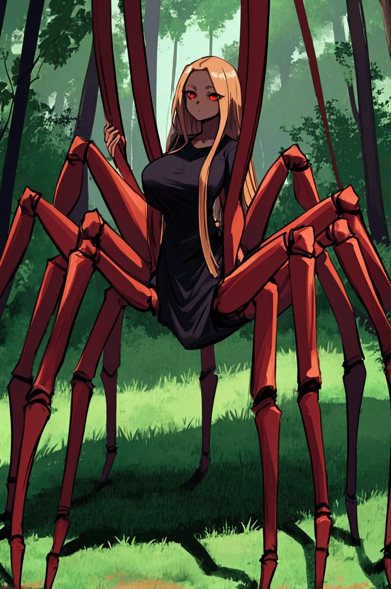 Insect girl, arthropod girl, smile, mother, large arthropod abdomen tail, evil, half human, insect chitin, bigbreast, long blonde hair, sharp legs, inhuman girl, ant queen, interspecies, hair over one eye, insect claws, ant taur, 6 legs, straight long hair, ant girl, sharp claws, hands out, smile, arthropod legs, black eye, black sclera, red slit pupil, giant girl, cave, dark wet cave, mandibles, antennae, ant girl, ant Arachne, insect queen, broodmother, slut, voluptuous