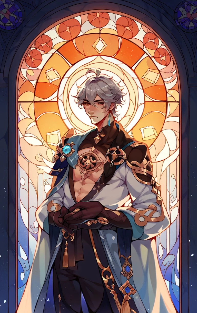 alhaitham (genshin impact), 1 male, (Solo:1.4), grey hair, standing in front of the stained glass window, dramatic sunset lighting