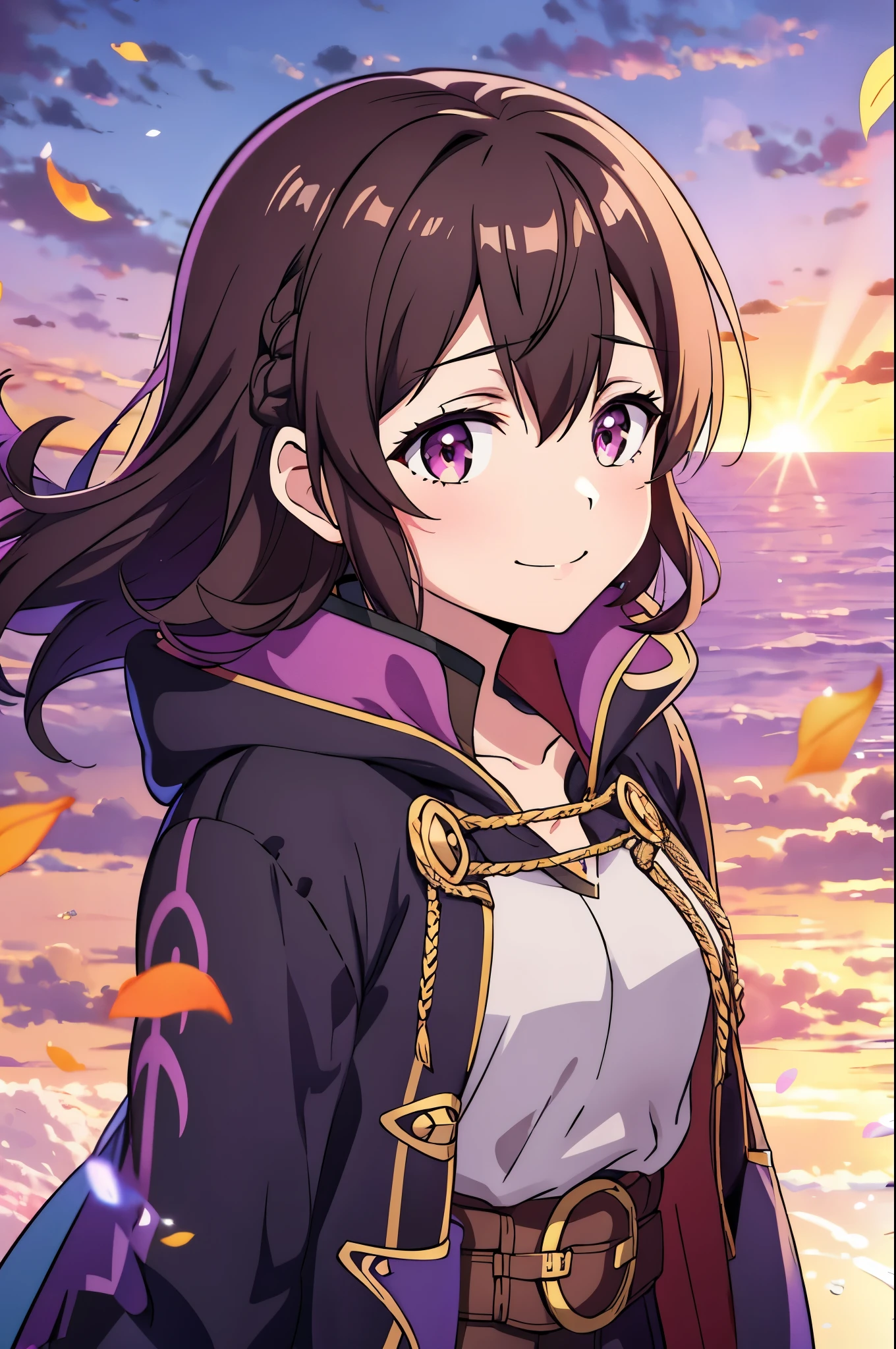 (high-quality, breathtaking),(expressive eyes, perfect face) 1girl, female, solo, portrait, Fire Emblem Awakening, Symmetrical Eyes, open field background, Robin (Fire Emblem: Awakening), dark Brown hair color, short hair length, messy wavy hair, hair ornament, upper body, pink eyes, Black and purple robe, gold trim, hood, white shirt, brown belt, tomb, positive expression, cute smile, detailed eyes, adorable face, short height, Cult of Grima, Fell Dragon Grima, Arms down, female robin (fire emblem), dark brown hair, flower petals, braided bang, ribbon in hair, soft breeze, sunrise skies
