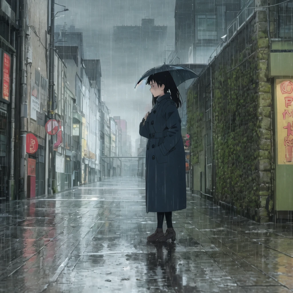 woman, city Pop mood, lo-fi, rainy days, wear coat 