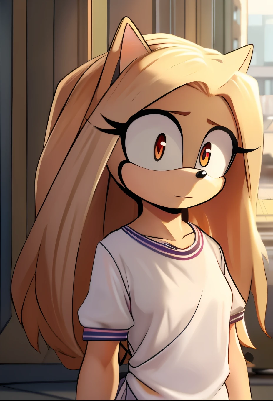 female, Female hedgehog, (Mobian Hedgehog) ((Eri as a Mobian Hedgehog)), ((bluish off-white fur)), (white fur), open eyes, hedgehog ears, (1girl), (solo), long hair, messy and unkempt hair, (side locks/quills over shoulders), red eyes, (Eri from the anime My Hero Academia), Eri as a Mobian, Eri as a Hedgehog, light skin colored muzzle and inner ears, short sleeves, hospital gown, bandaged arms, eyelashes, innocent eyes, daytime, mobian, mobius city, grey fur, horns, small single horn, female