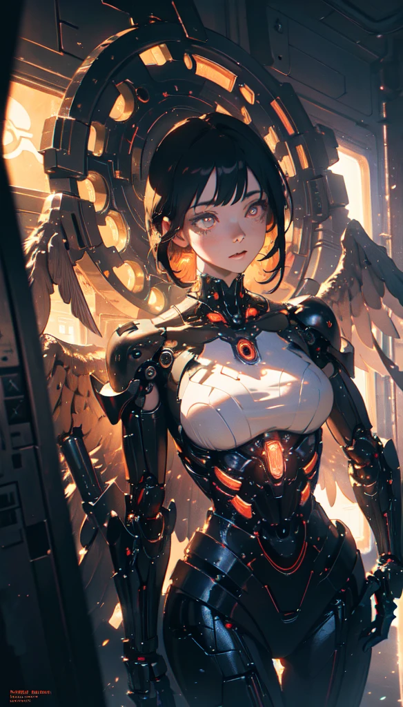 A girl with huge breasts posing inside a near-future space factory, an artwork by an artist who specializes in beauty with an infinite amount of exposed skin, an anime-fused cyberpunk girl, and a girl wearing mechanical gimmick armor. , perfect anime cyborg woman, super detailed masterpiece, beautiful girl cyborg, beautiful cyborg angel girl, 8k, digital cyberpunk art,