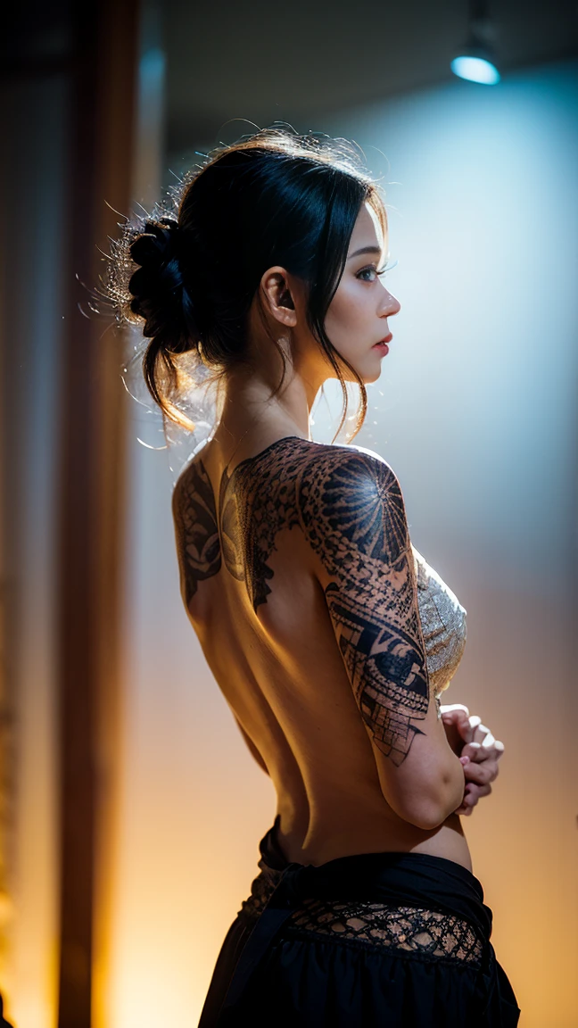 A stunning photograph of a renowned actress proudly displaying her intricate cloisonné-style back tattoo. The tattoo features a dragón gold and red colors. The actress is posing against a deep velvet wallpaper background reminiscent of a luxurious after-hours club. The lighting and shadows enhance the overall mystique and allure of this captivating photograph.