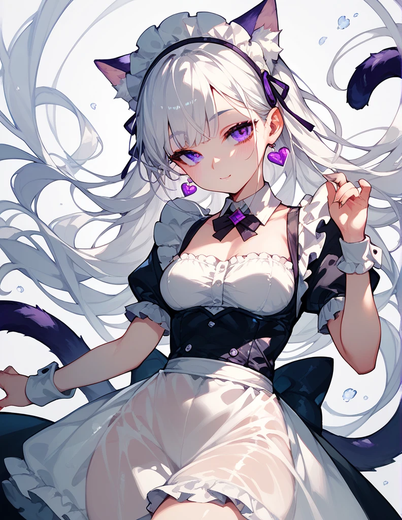 Semi-human , with cat's ears and tail ,  of white color and white hair, Wearing a maid's dress ( doesn't cover her breasts completely,  with transparent black fabric ) with intense purple eyes 