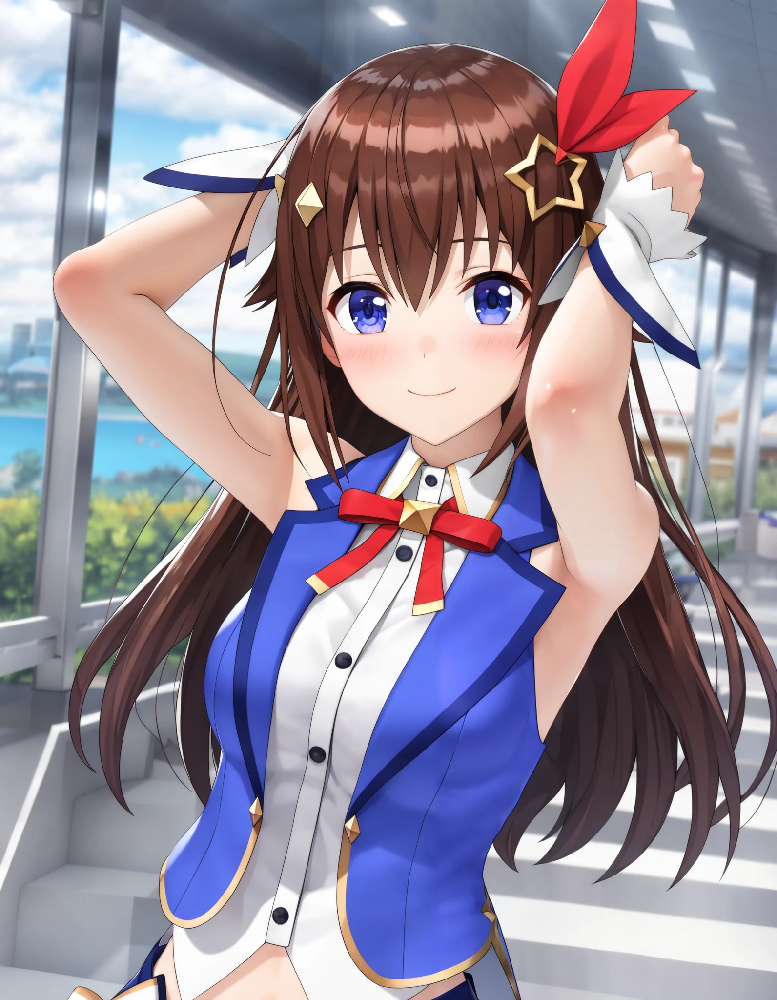 score_9,score_8_up,score_7_up,source_anime, solo, (best quality),(highly detailed),((masterpiece)),((best quality)),(ultra-detailed),((extremely detailed)),(high resolution),4K,(8K),best quality,(beautiful),(dynamic lighting),(super detailed skin),sharp focus, (masterpiece:1.2),best quality,very aesthetic),masterpiece,best quality,very aesthetic,BREAK Anime,anime screencap,tokino sora,TokinoSora,star hair ornament,blue eyes,SoraBase,hair ribbon,blue vest,sleeveless shirt,red ribbon,tokinosora,1girl,3d,3d background,,3D_render,3D_model,realistic,blush,no boy,stylish_pose,smile,kind_smile,