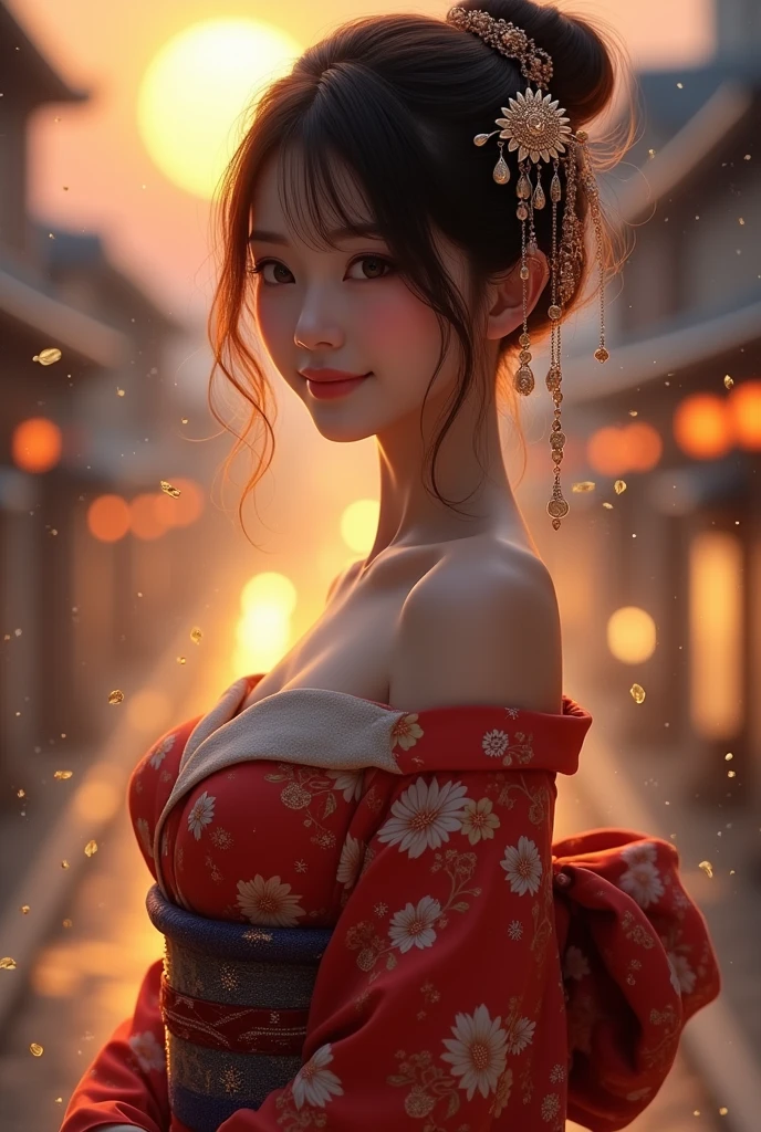 (((top quality, 8k, masterpiece))), sharp focus, (Beautiful woman with a plump figure), slender, (hairstyle: above)), ((kimono: cane)), Street: 1.2 Highly detailed skin and face texture Detailed eyes Double eyelids Random pose, (smile),saboveer cute Japan person,saboveer beauty Japanese girl, realistic face, double eyelid,smile,summer festival , at sunset ,fireworks background, red lace lingerie, open legs lying down