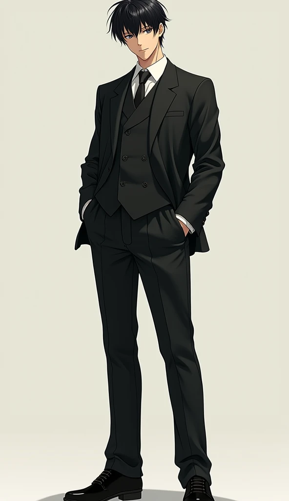 Create a tall, Boku no hero academia style male character with a calm and serene expression, small eyes, black eyes and red iris, black hair with white and with an X-shaped scar on the right cheek, with a black casual suit with black pants and white shoes.