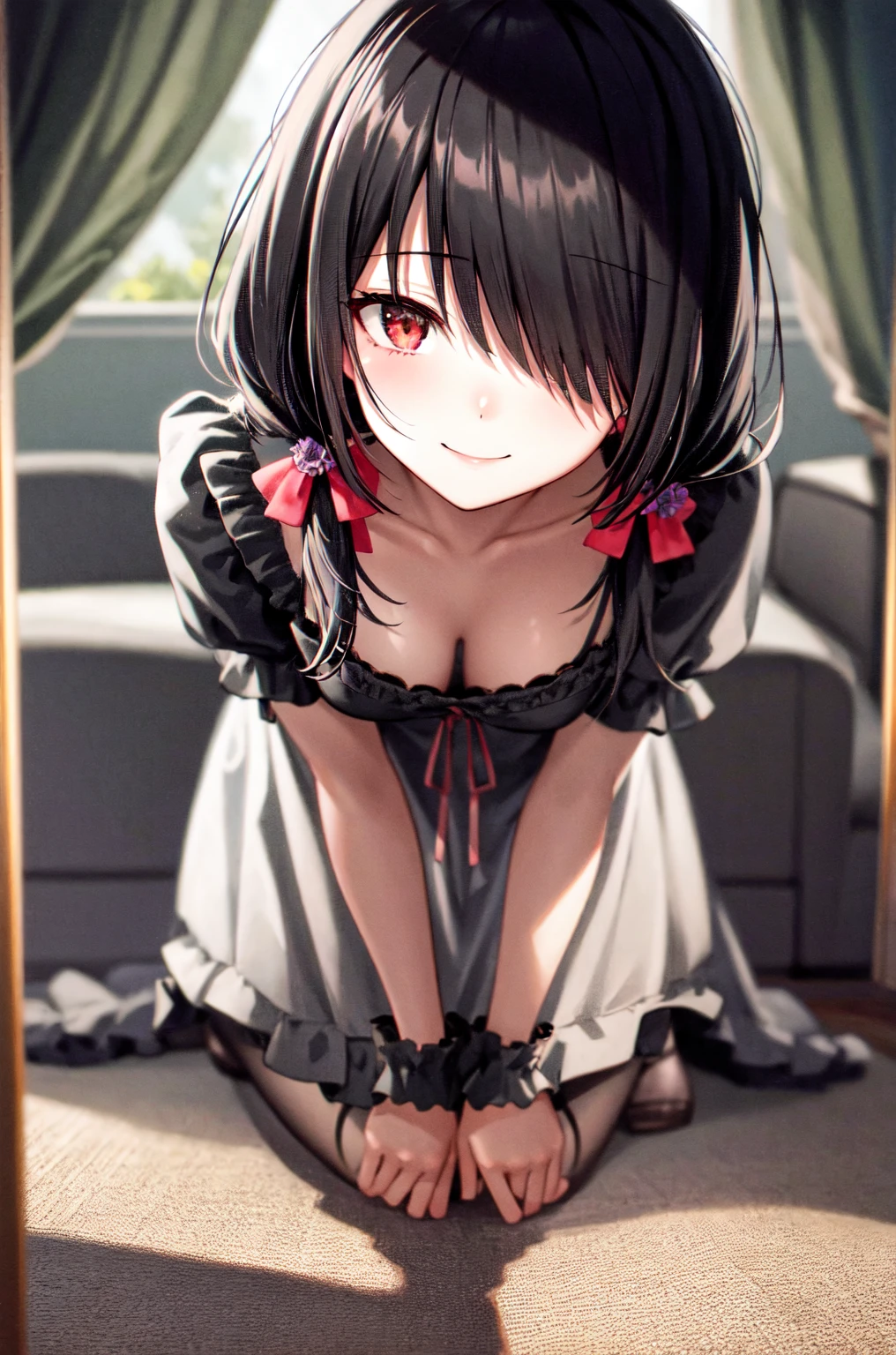 Hands behind back,stand,Straight Stand,open mouth,tongue out,cum on tongue,1girl,(((()))),Short,slender,small breasts,front view,front face,from front,(looking down:1.5),(from above),(look at viewer),cowboy shot,Black Hair,Medium Hair,two side up,Gray Eyes,Drooping eyes,slit pupils,narrow eyes.Mischievous smile,Sheer black and dark pink negligee,Sexy Lingerie,Collar with leash,Dimly lit room,Gray wall,Dim lighting,Beautiful and detailed anime art,