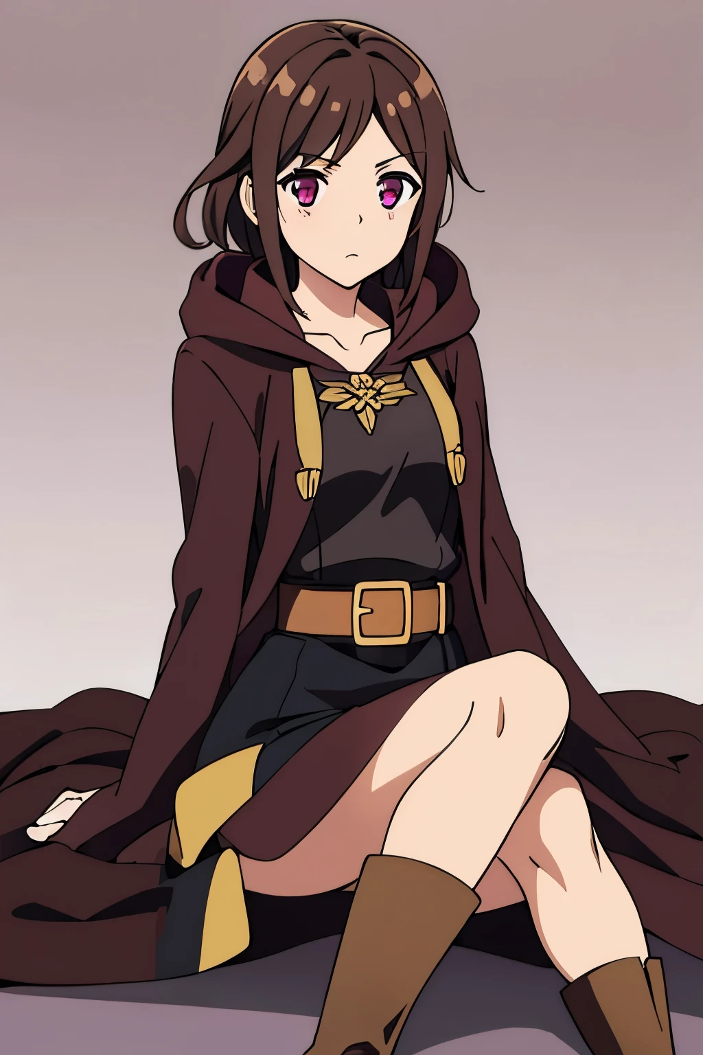 (high-quality, breathtaking),(expressive eyes, perfect face) 1girl, female, solo, Symmetrical Eyes, Robin (Fire Emblem: Awakening), dark Brown hair color, short hair length, messy wavy hair, hair ornament, pink eyes, Black and purple robe, gold trim, hood, white shirt, brown belt, Arms down, pants, boots, grey background, female robin (fire emblem), dark brown hair, braided bang, ribbon in hair, fumo \(doll\), jitome, looking at viewer, fumo, sitting, doll
