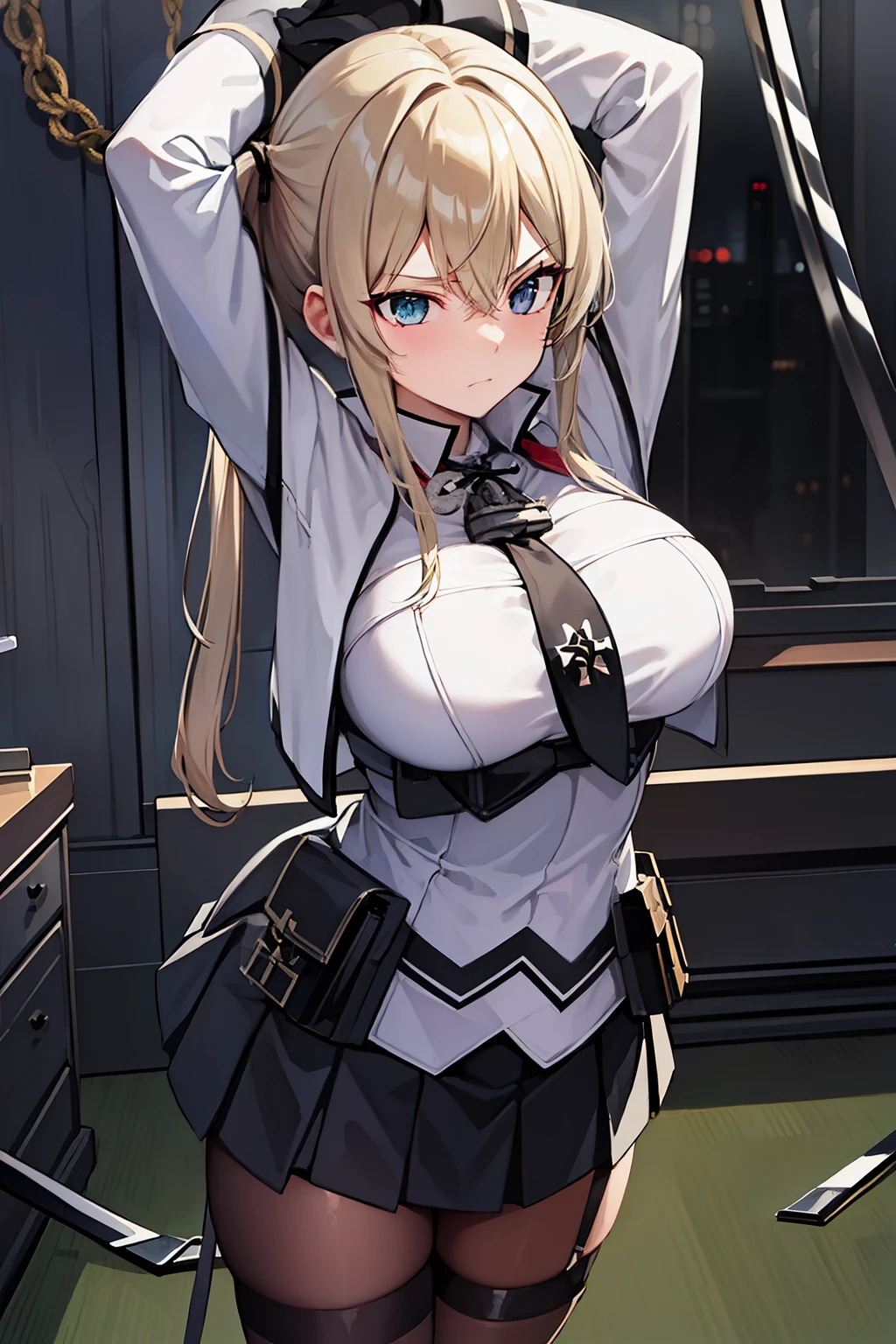  best quality,   Masterpiece ,  high definition , Alone, {graph_Zeppelin_ kantaicolection :1.15},  blonde alone_hair,  twin tails, length_hair, sidelocks, hair_between_eye, chest, green_eye, big_chest, hin, peak_ cap,  ties, military, black skirt,  short skirt , black tights, cross, ,  1 girl,  watching _in_ viewer, military_uniform, uniform, iron_cross, black_Gloves, Gloves,  upper with t_body, ((((鎖inつながれた_Excellent)))), ((鎖in吊るされた腕)), Arms above head, big breast, indoor, bedroom, [cabinet, Hanging,  standing, shy, scowl, teeth, swein,