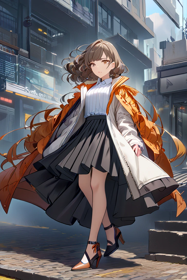 1girl, solo, skirt, high_heels, brown_hair, jacket_on_shoulders, long_skirt, jacket, standing, full_body, long_hair, shirt, white_shirt