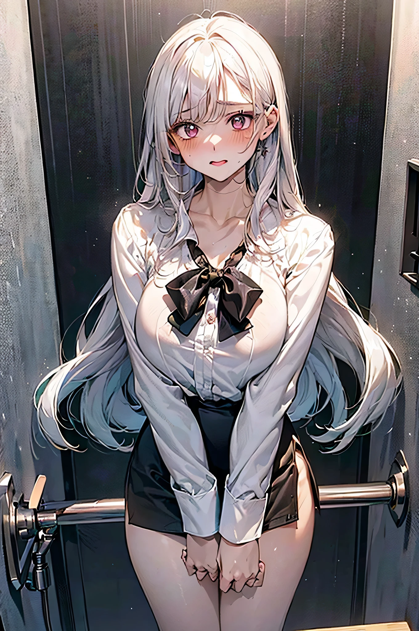 Extra-large big breasts,chiquita,Wearing a small white school uniform,Be red in the face,black lence stockings,Soaked by rain,Get wet,In the bathroom,Change of clothes
