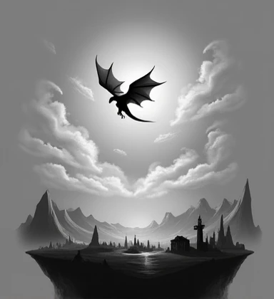 Bat in an artistic style, com detalhes intrincados em suas asas. The bat is flying over a backdrop of mountains and crescent moon, representando uma cena noturna e misteriosa. The typography is delicate and fluid, complementing the ethereal atmosphere of the design, creating a sense of mystery and fascination.