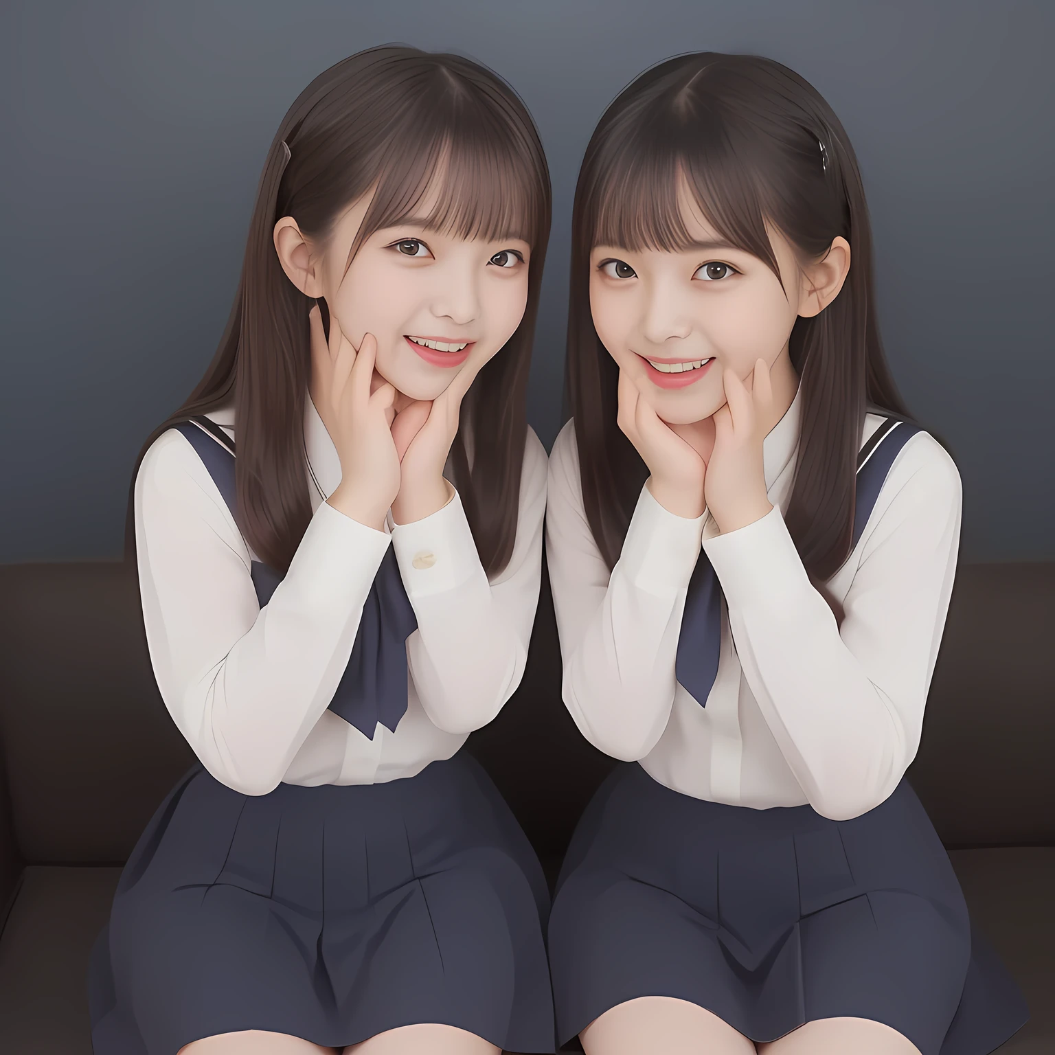 (Highest quality, masterpiece:1.2), Highest quality, High resolution, 1080P, 8k, (Two **** Japanese slender 美少女アイドル are seated and give strong subliminal sexual invitation and temptation, undressing navy uniform, cute skirt with beautiful knees, looking at the viewer, can't stop showing cute smile open mouth because of feeling the viewer too ridiculous, very white-white face, very proud of her long straight black hair, using face-whitening cosmetics, **** 美少女's eyes, Small pupils, opened laughing giggling most open mouth, too expensive navy sailor-styled school uniform, well-straitened super-long well-trimmed long hair, evenly neatly trimmed girly cute bangs: 1.5), (Laughing blushed cheeks with dimples), (Well-balanced, impressive, very intelligent, double-eyelids, black shining large eyes of **** 美少女 with detailed: 1.5), ((Beautiful well-figured glossy opened laughing lips: 1.2)), (mature breast), (The viewer can't stop madly kissing them because of her beauty and subliminal strong invitation), (Very beautiful, super-glossy, cute neat black amazingly long hair, straight well-done long hair-style: 1.3), (plain blue background: 1.6), (((Completely balanced beautiful big cool eyes, looking coldly at me!: 1.3))), (eyes, face and hair are especially beautifully detailed and beautifully drawn: 1.5), (The soft white light clearly shows her face extremely white: 1.2), (the viewer become crazy and can't stop bursting and running every liquid to 美少女, 美少女 is surprised : 1.7), (School uniform, too-cute slender 13歳 super-long-hair Japanese 美少女 idol twins are laughing at me and covering viewer, opening blouse front,  Remove the button, Take off your jacket: 2.0), (Super long hair super-beautiful 美少女 super-cute face navy-sailor-suit school-uniform pretty slender 美少女 of 美少女 photo magazine in the 1990s: 2.0), (Inevitable subliminal invitation and temptation to the eternal deep deep unreal pleasure of 美少女催眠)